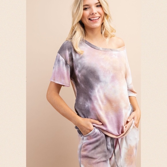 Grey/mauve Tie Dye Short Sleeve Tunic Top - Picture 4 of 14